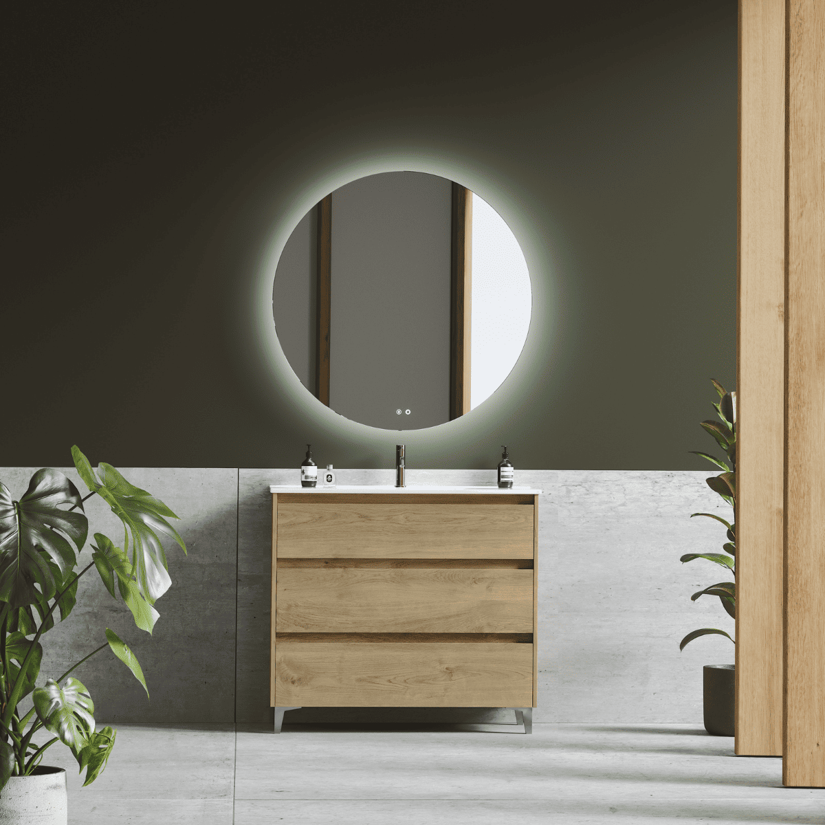 Mueble baño a suelo |lavabo cerámico |patas cromo 3 cajones |60 cm roble