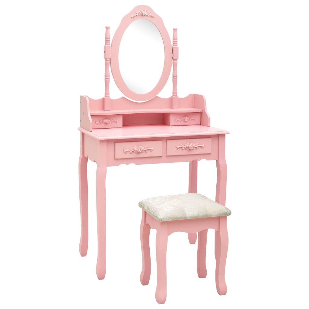 Juego de tocador y taburete madera lownia rosa 75x69x140 cm es9652