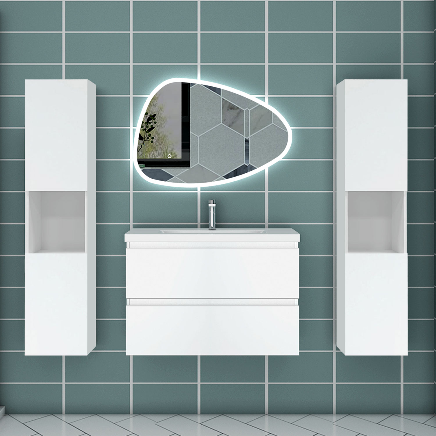 Mueble de baño aica 79×44,5cm,blanco con espejo y armario lateral