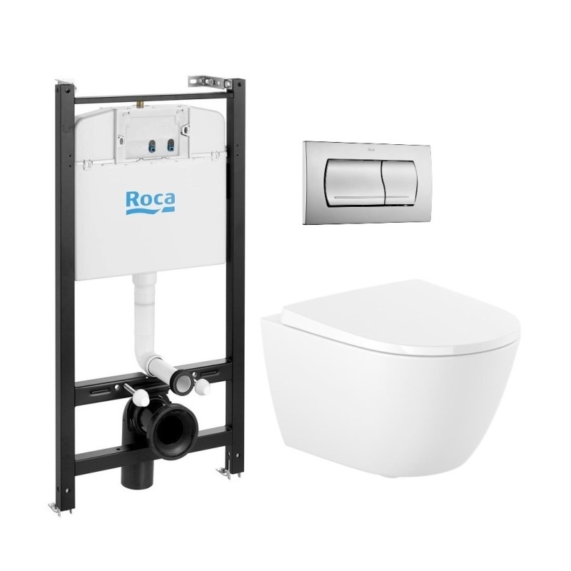 Roca active pack con pulsador PVC cromo mat y wc suspendido roca ona