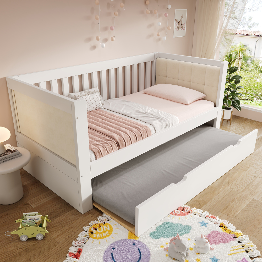 Cama nido 90x190cm con respaldo acolchado madera – blanco