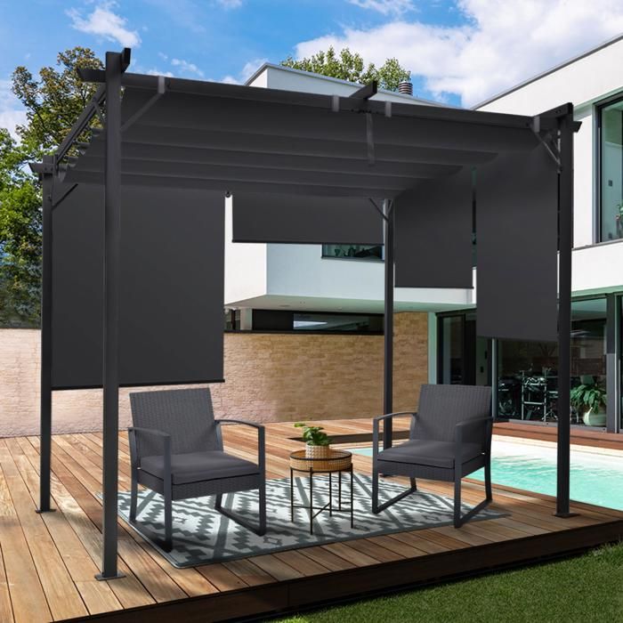 Pérgola con techo retráctil - 4 toldos - gris 3x3 m