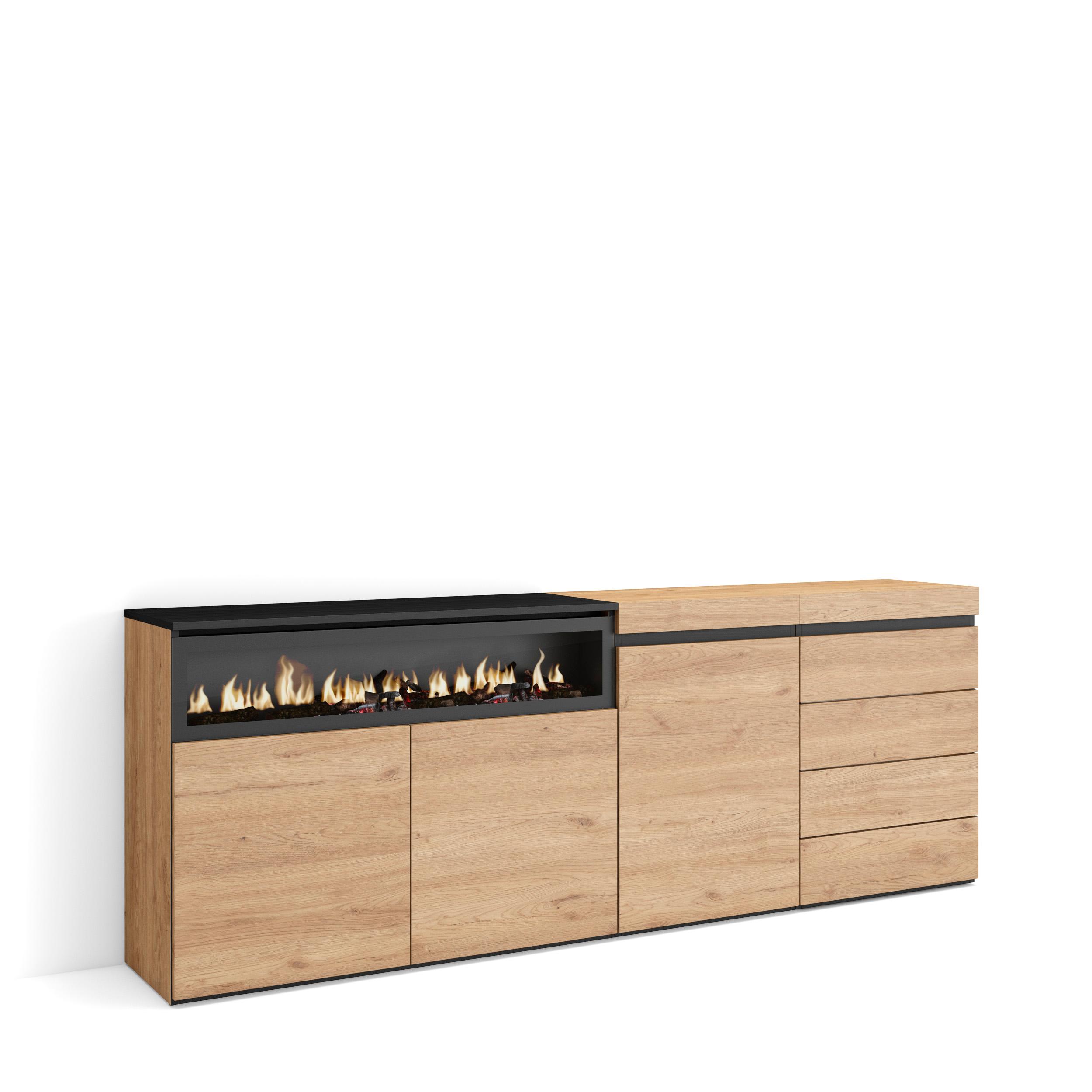 Aparador, 207x35x75cm, chimenea eléctrica, cómoda, cajonera rf3412