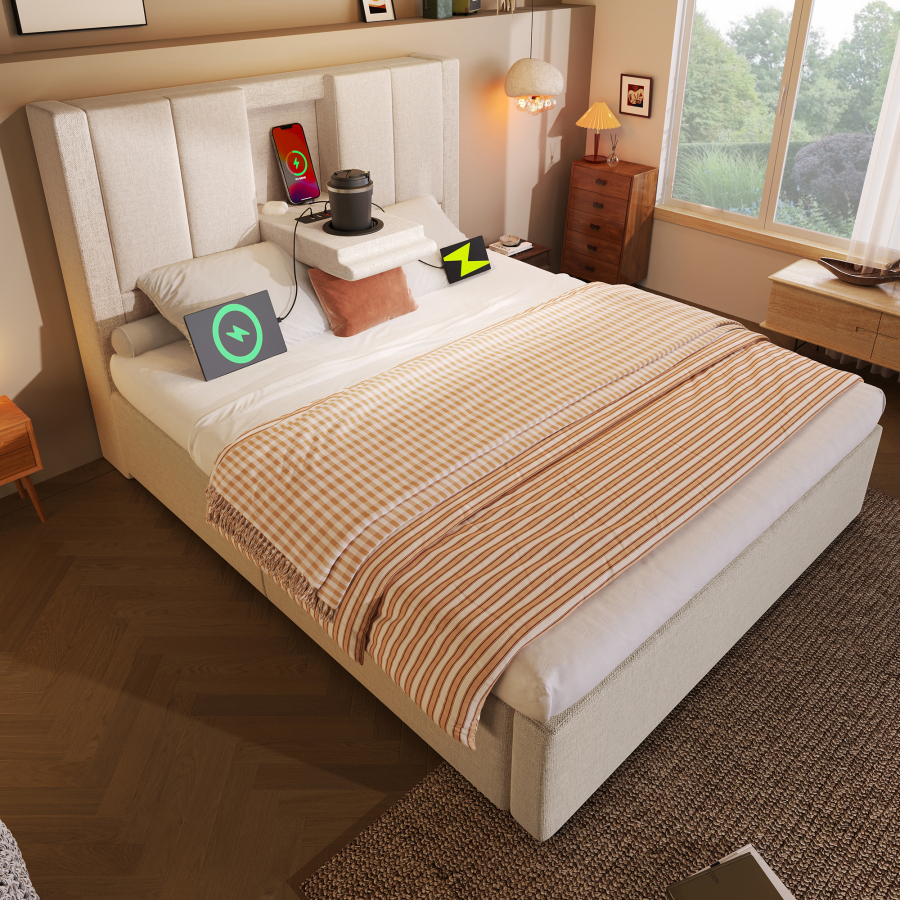 Cama tapizada 90x200cm almacenaje hidráulico cargador lino beige colchón