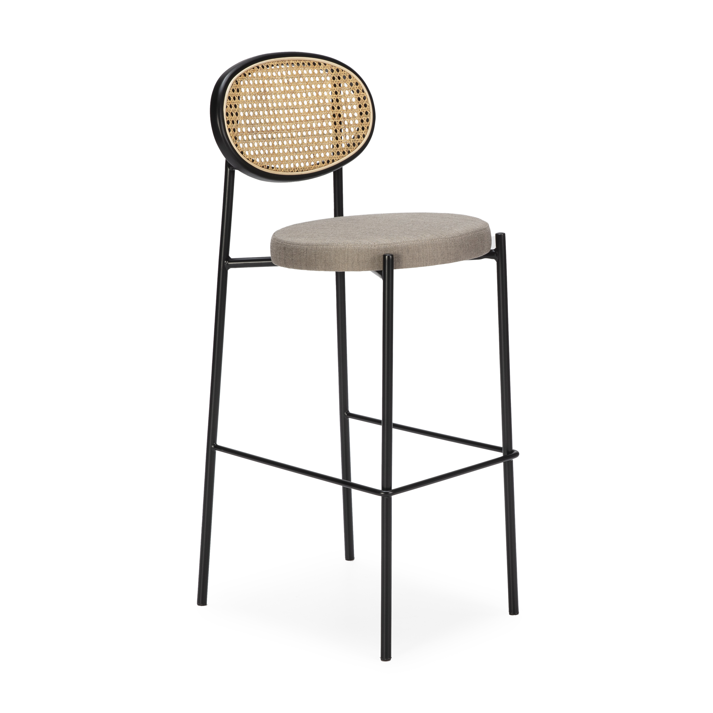 Taburete alto 41x54x105 metal negro, ratan natural, tela gris
