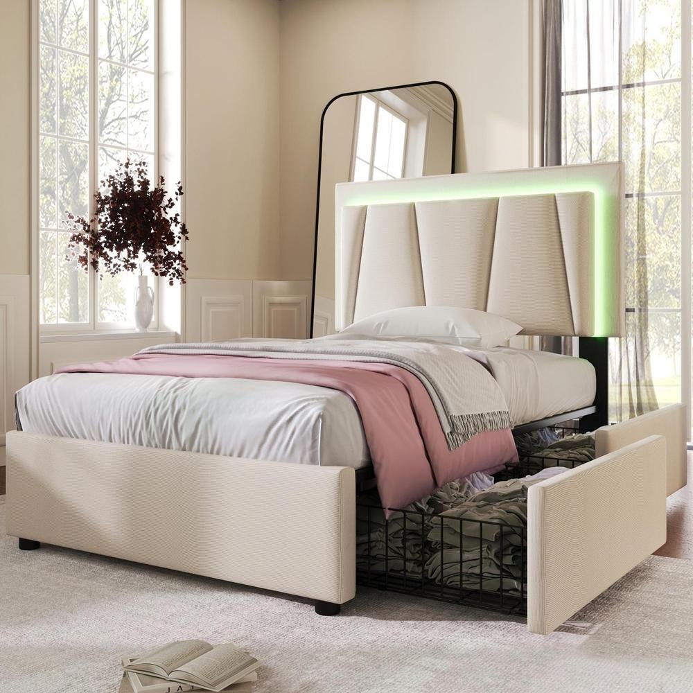 Cama 90x200cm con LED, 2 cajones, cabecero ajustable, beige