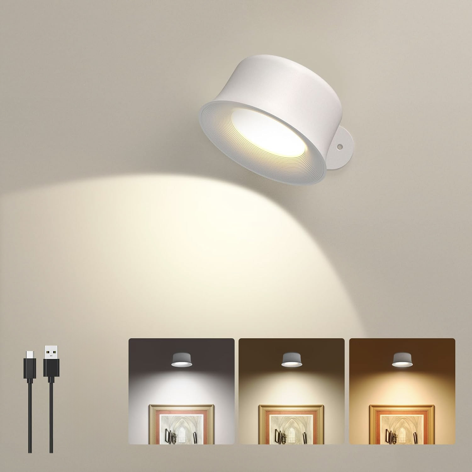 Aplique de pared sin cables táctil giratorio con mando blanco