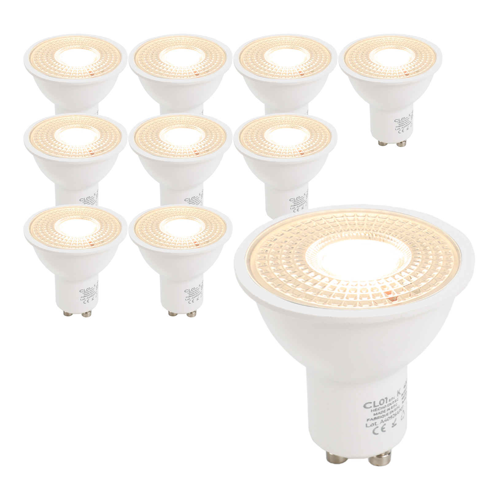 Pack 10 bombillas LED gu10 7w 45º 665lm 3000k Blanco cálido no parpadeo
