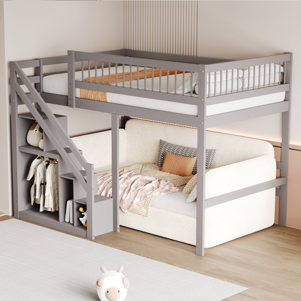 Cama de madera 140x200cm con escalera con almacenaje – gris