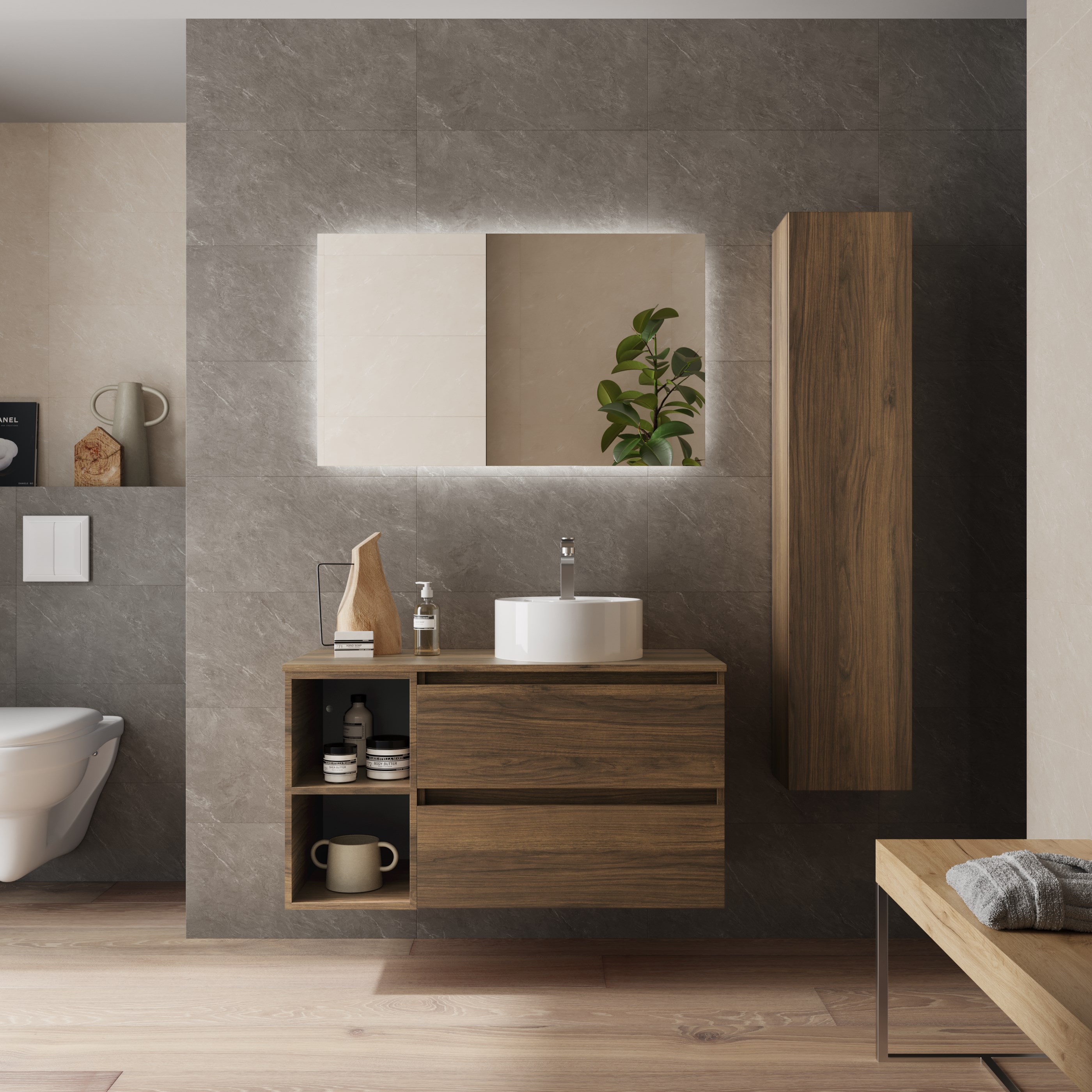 Mueble baño bequia 100cm + coqueta reversible + encimera + lavabo | nogal