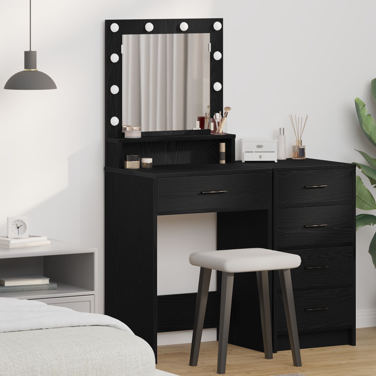 Mesa de tocador con luces LED en color roble negro 50x41x135 cm oif159819