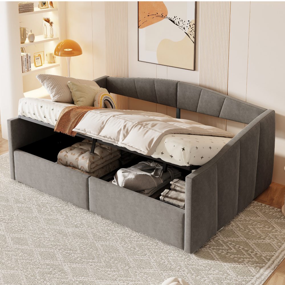Sofá cama 140x200cm con canapé hidráulico y reposabrazos terciopelo gris