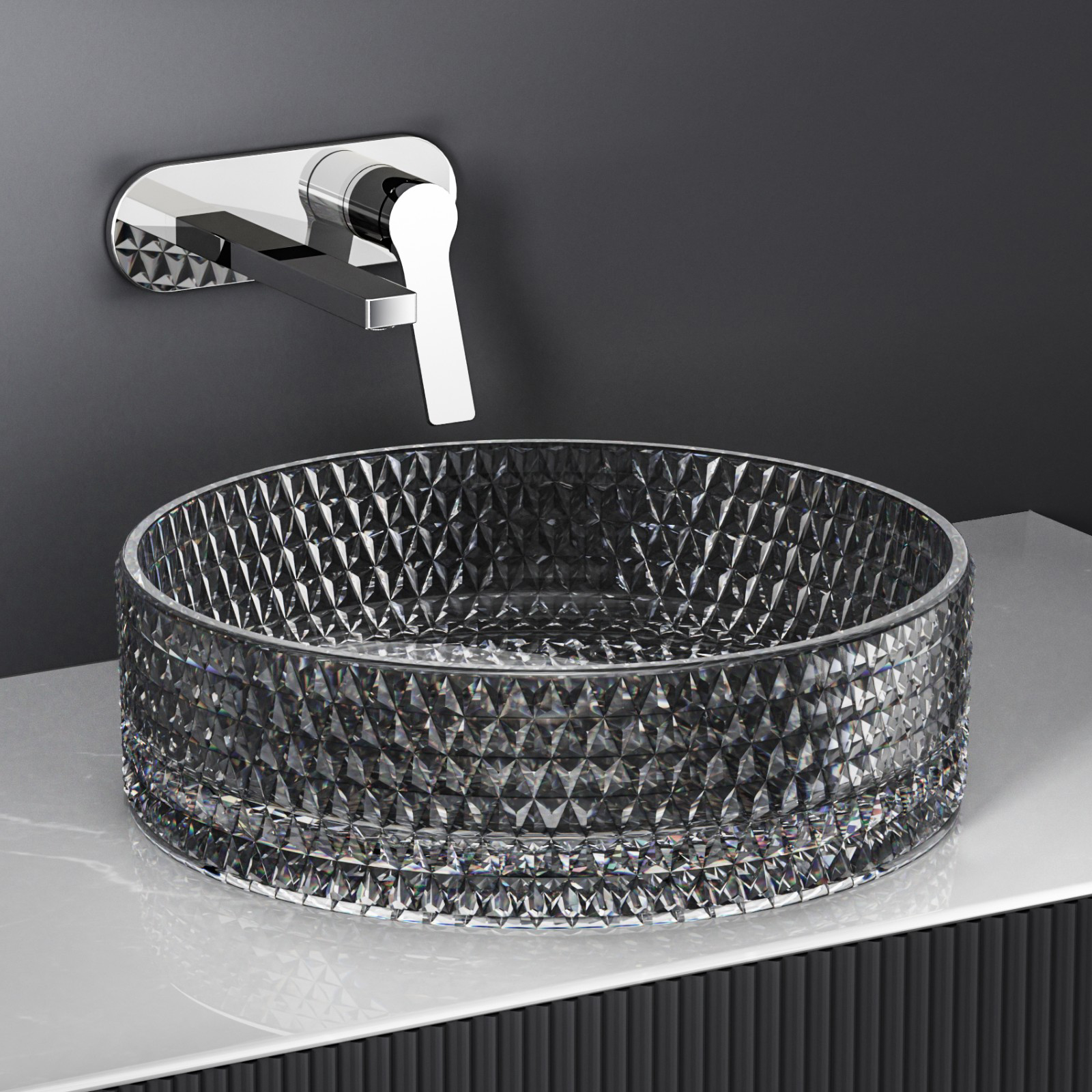Emke lavabo redondo de vidrio para encimera, negro transparente, 36x36x11cm