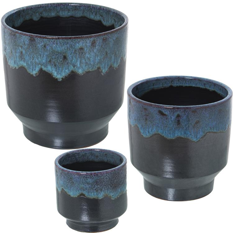 Set 3 maceteros ceramica azul, negro reactivo