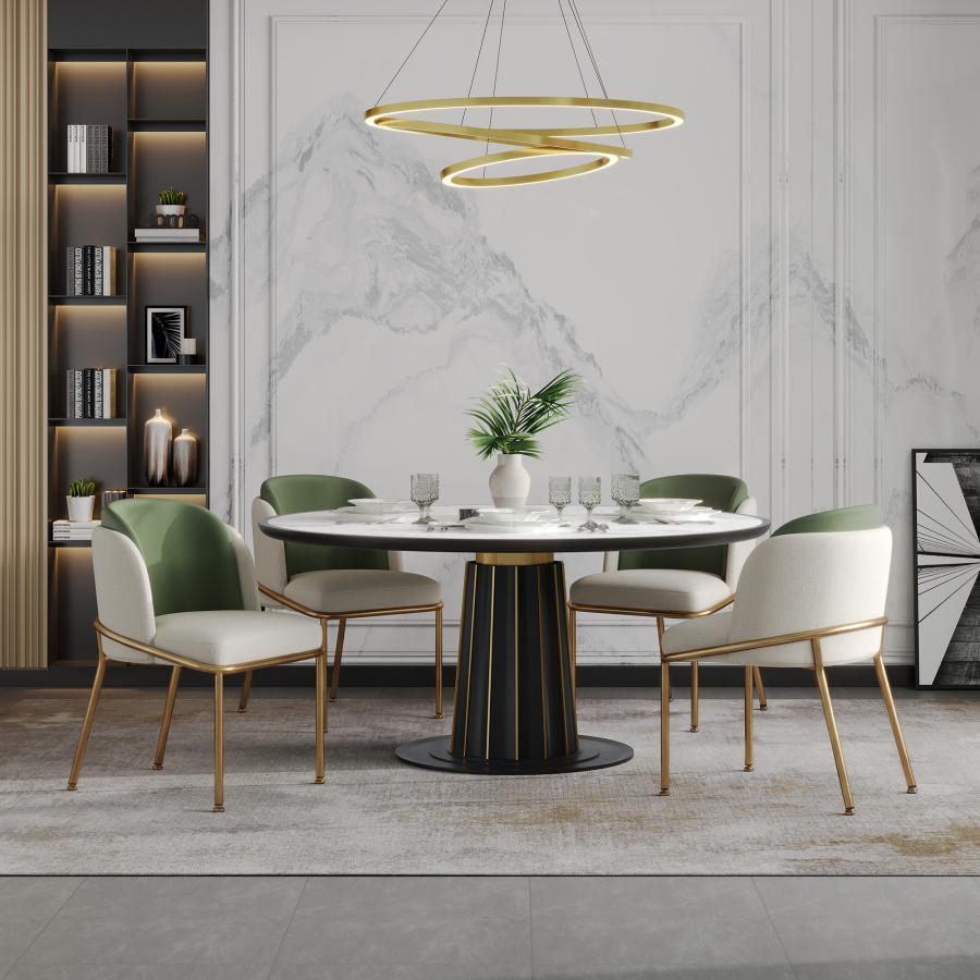 Silla de comedor minimalista verde con patas doradas ajustables