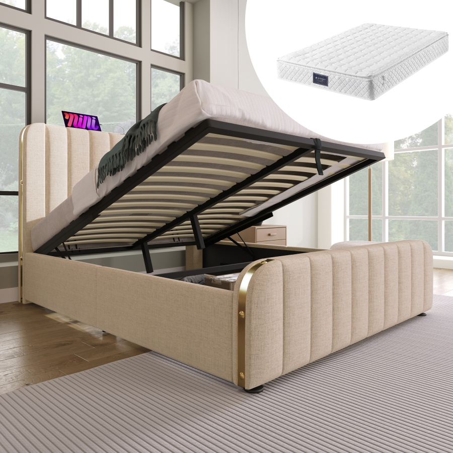 Cama tapizada 140x200cm con canapé hidráulico y usb lino beige con colchón