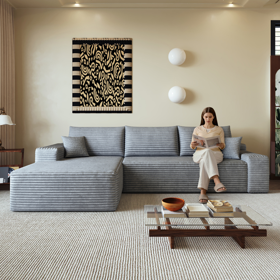 Sofá modular en l de pana gris con chaise longue sin montaje