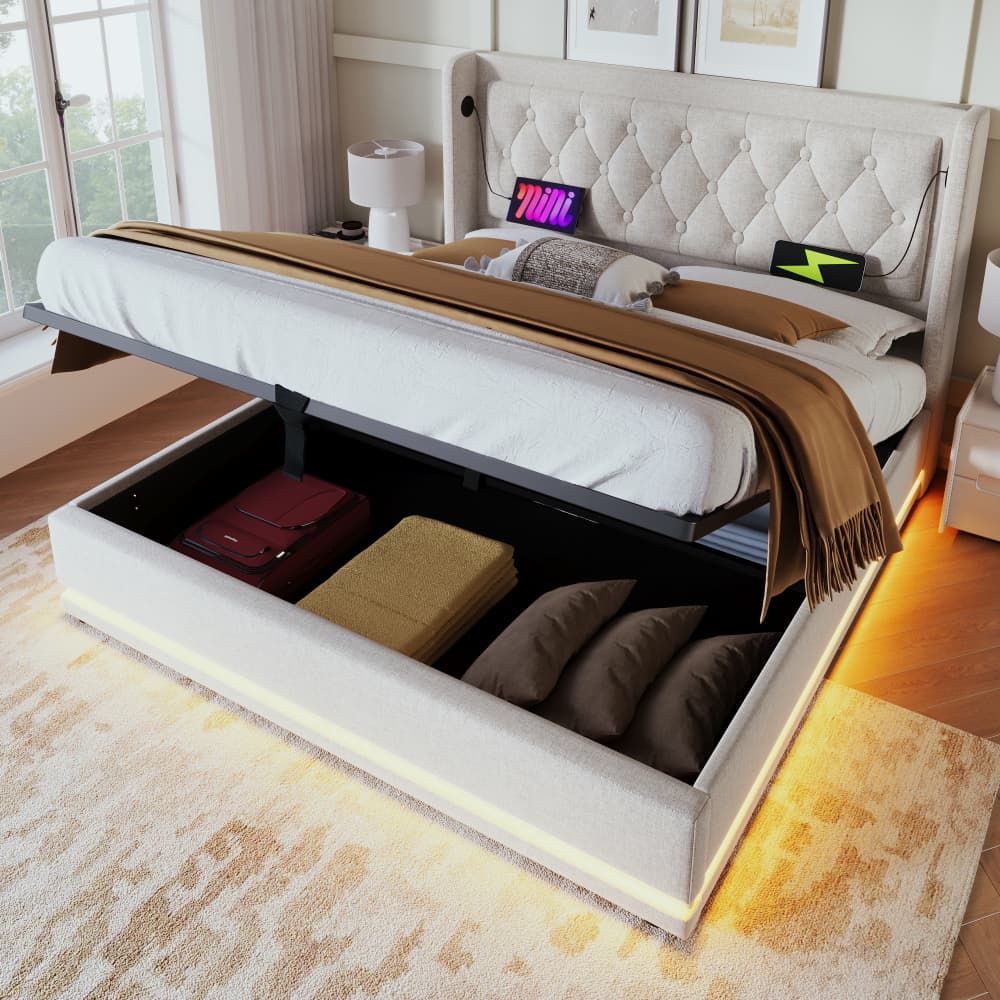 Cama tapizada 160x200 cm con canapé hidráulico y LED algodón – color beige