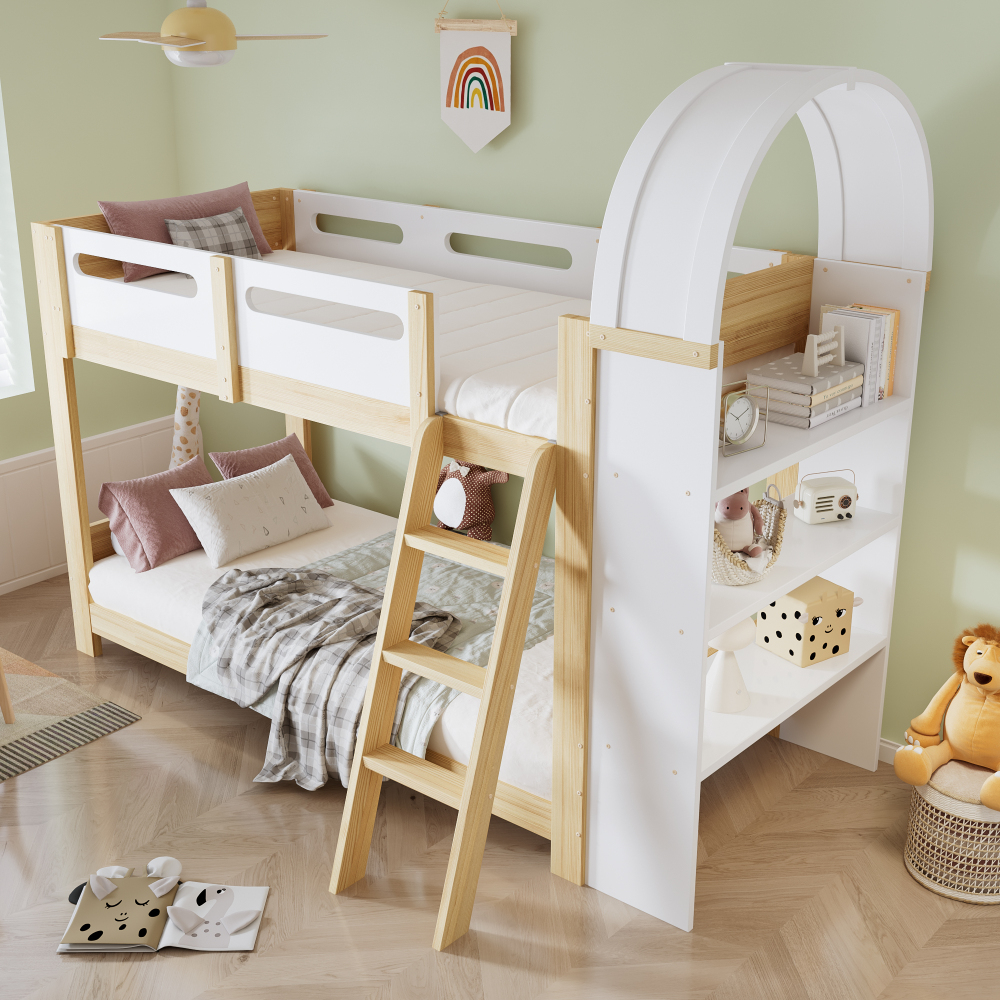 Litera 90x200 cm con estante y escalera madera y mdf – blanco y natural