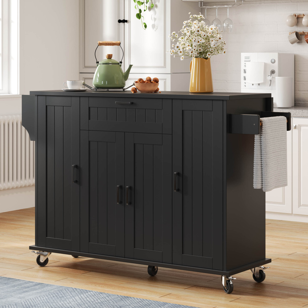 Isla de cocina con encimera abatible 4 puertas 1 cajón negro 95x120x45cm