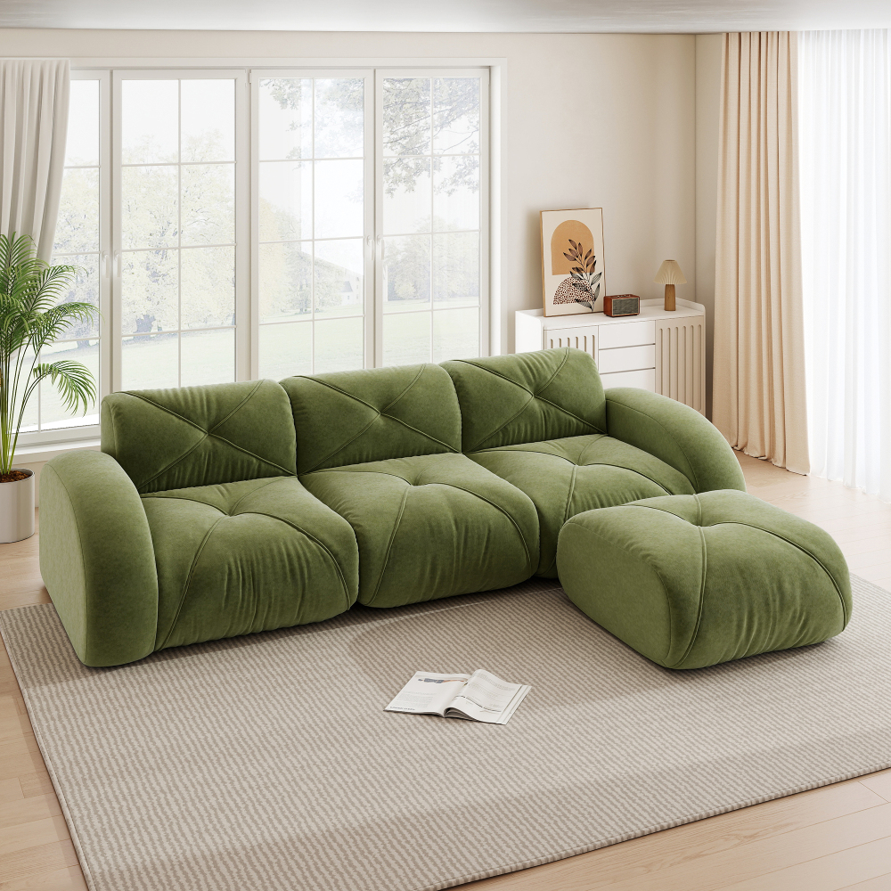 Sofá modular en l chenilla verde 3 plazas con otomana para salón