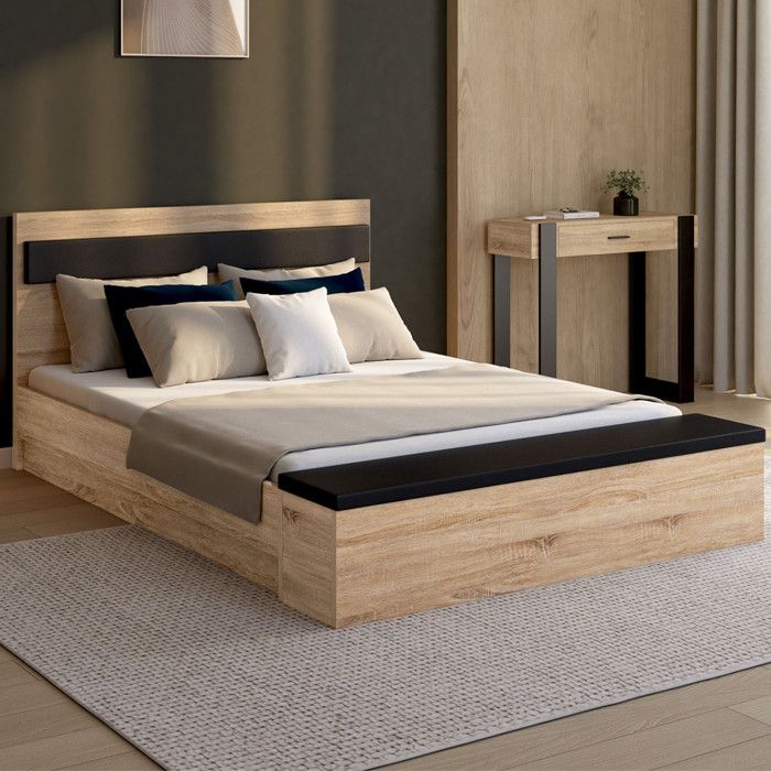 Cama doble gaelle - madera negra - 140 x 190 cm