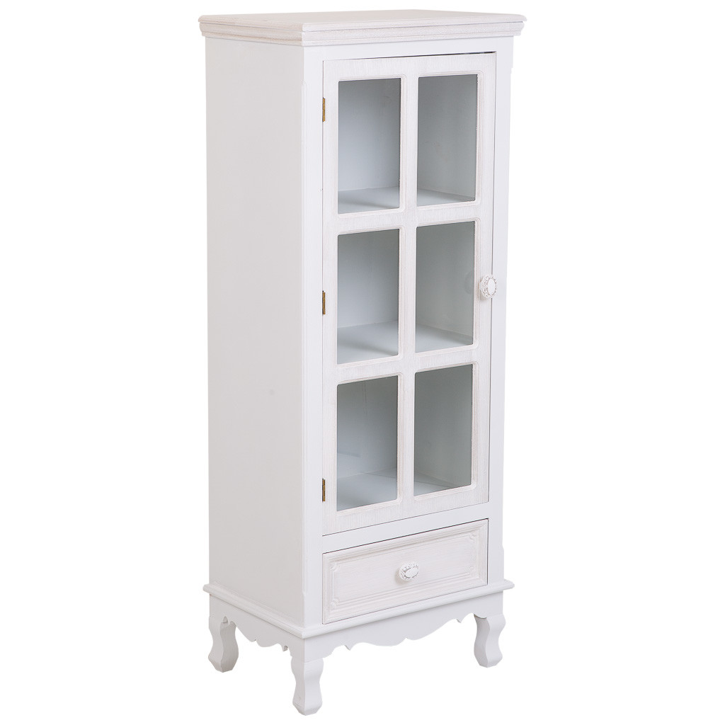 Vitrina de madera y cristal de 1 puerta y 1 cajon blanco 48x32x120