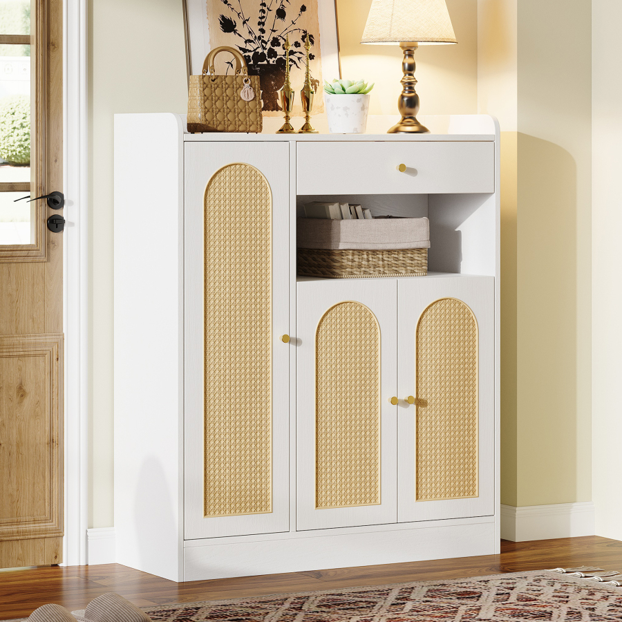 Zapatero con 3 puertas y 1 cajón blanco y natural 110x90x35cm