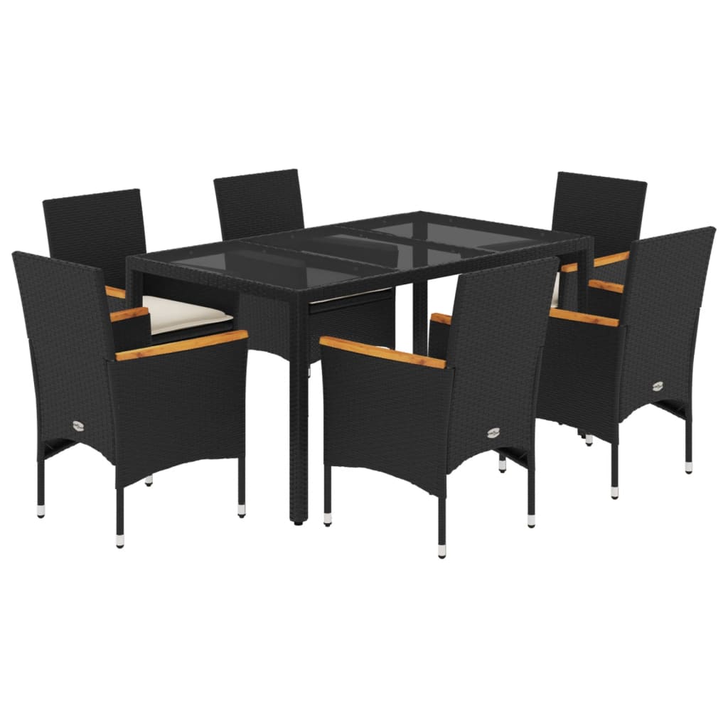 vidaXL set comedor jardín 7 pzas cojines ratán sintético vidrio negro