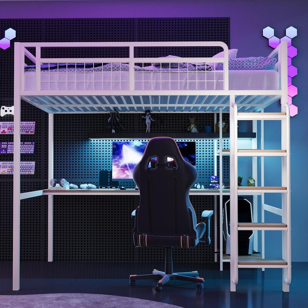 Cama alta de metal 140x200cm con escritorio, estantes, escalera blanca
