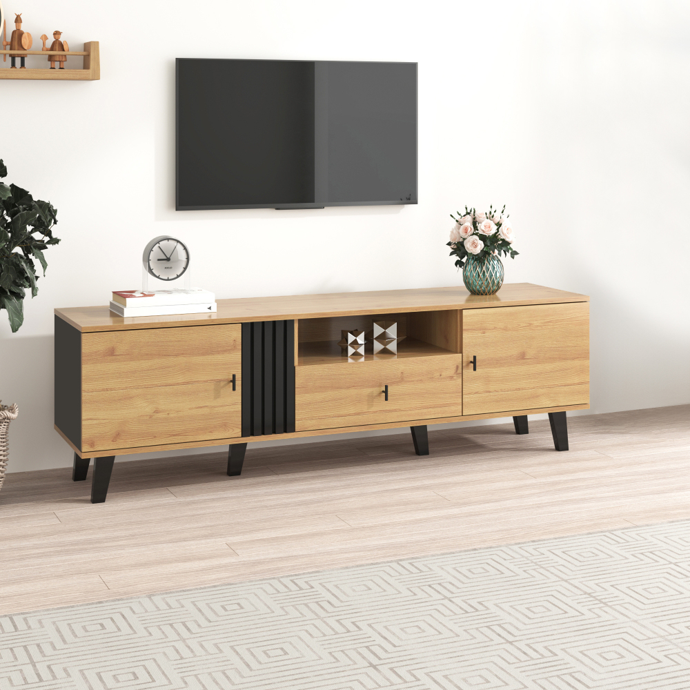 Mueble de tv con 2 puertas y 1 cajón natural y negro 50,5x170x40cm