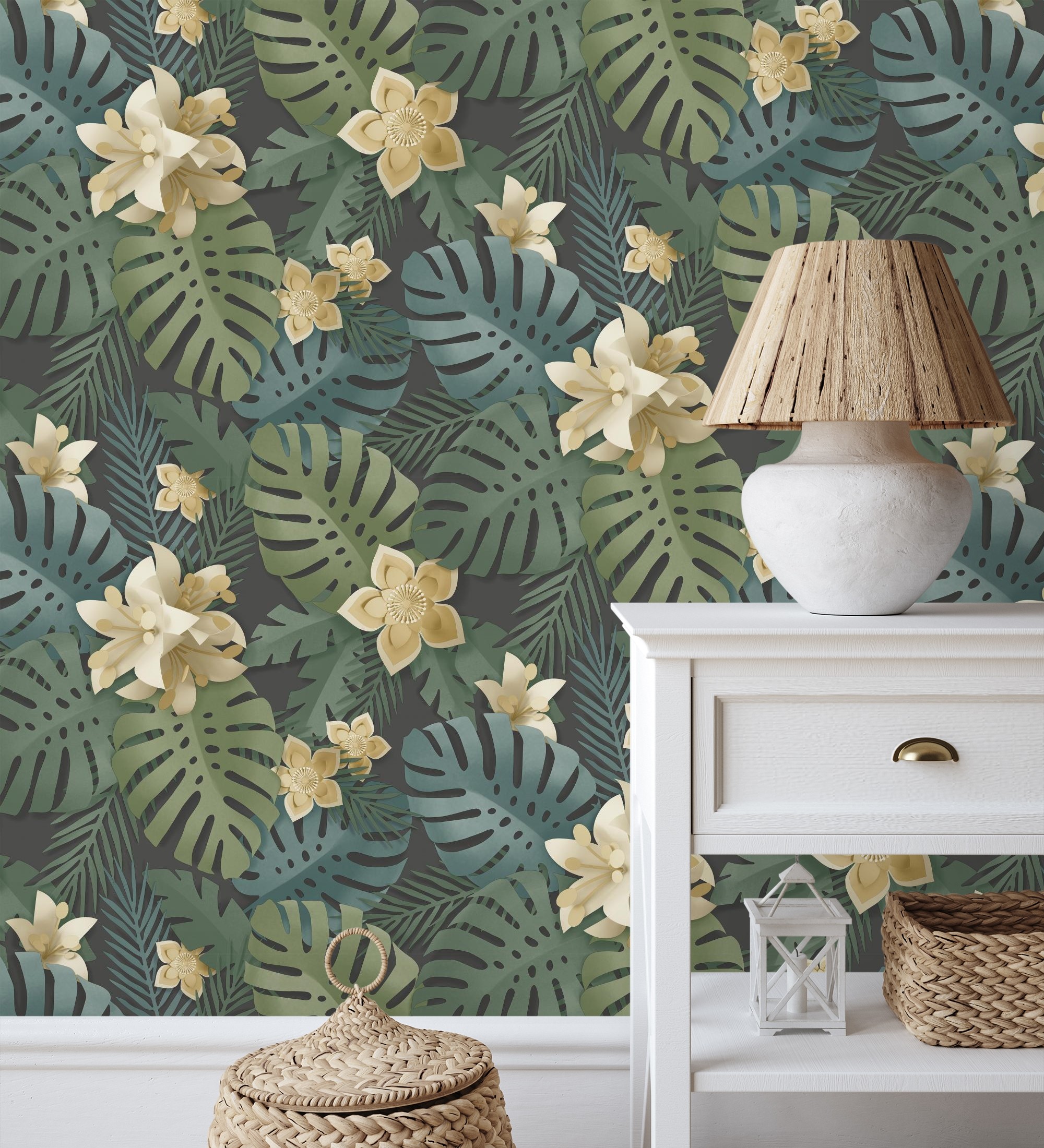 Papel pintado gaulan de hojas y flores tropicales tonos 5.23m²
