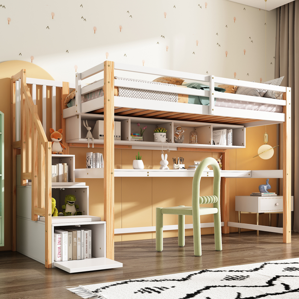 Litera 90x200cm con escalera, escritorio y estantes madera – blanco/roble
