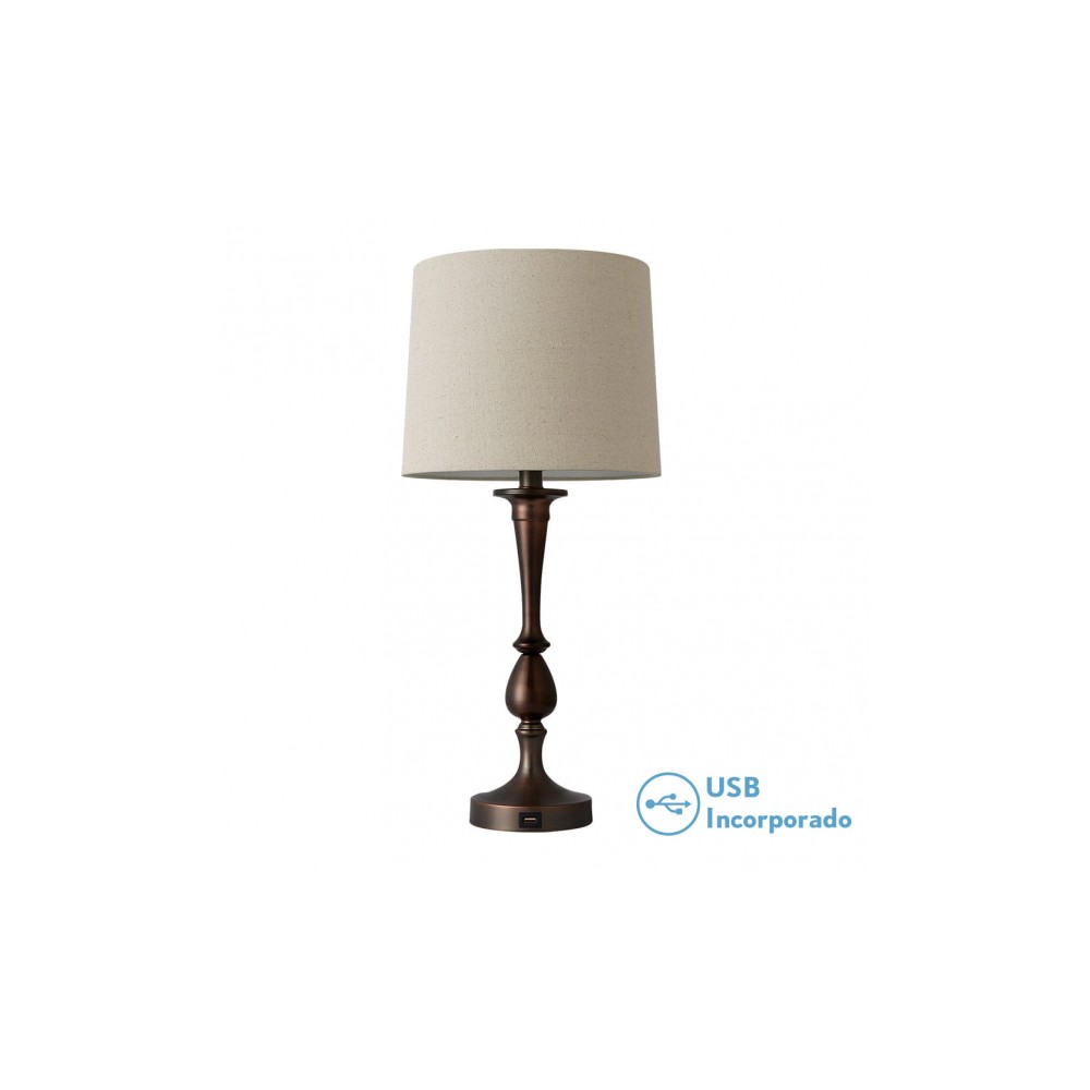 Lámpara - khalifa - marrón - metal y textil - casquillo E27 con puerto usb