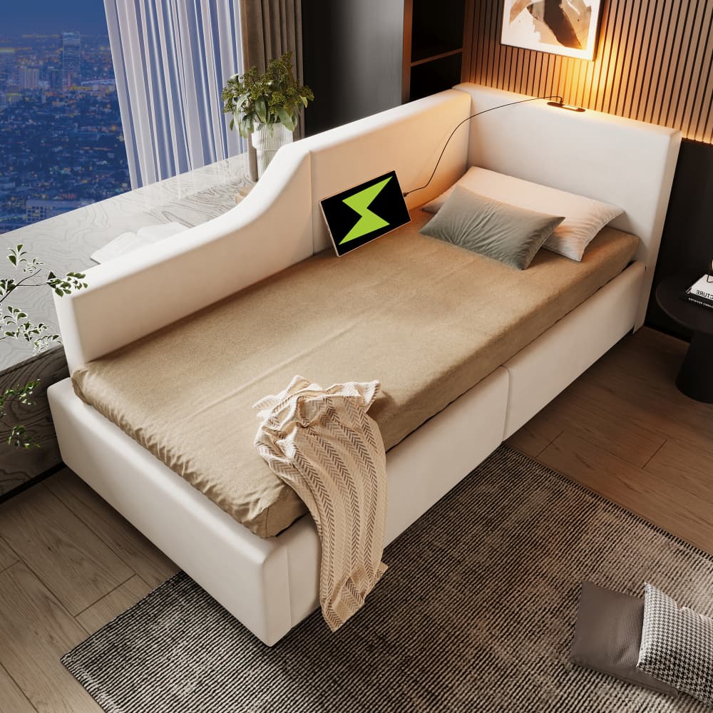 Cama tapizada 90x190cm con canapé hidráulico y usb-c terciopelo beige