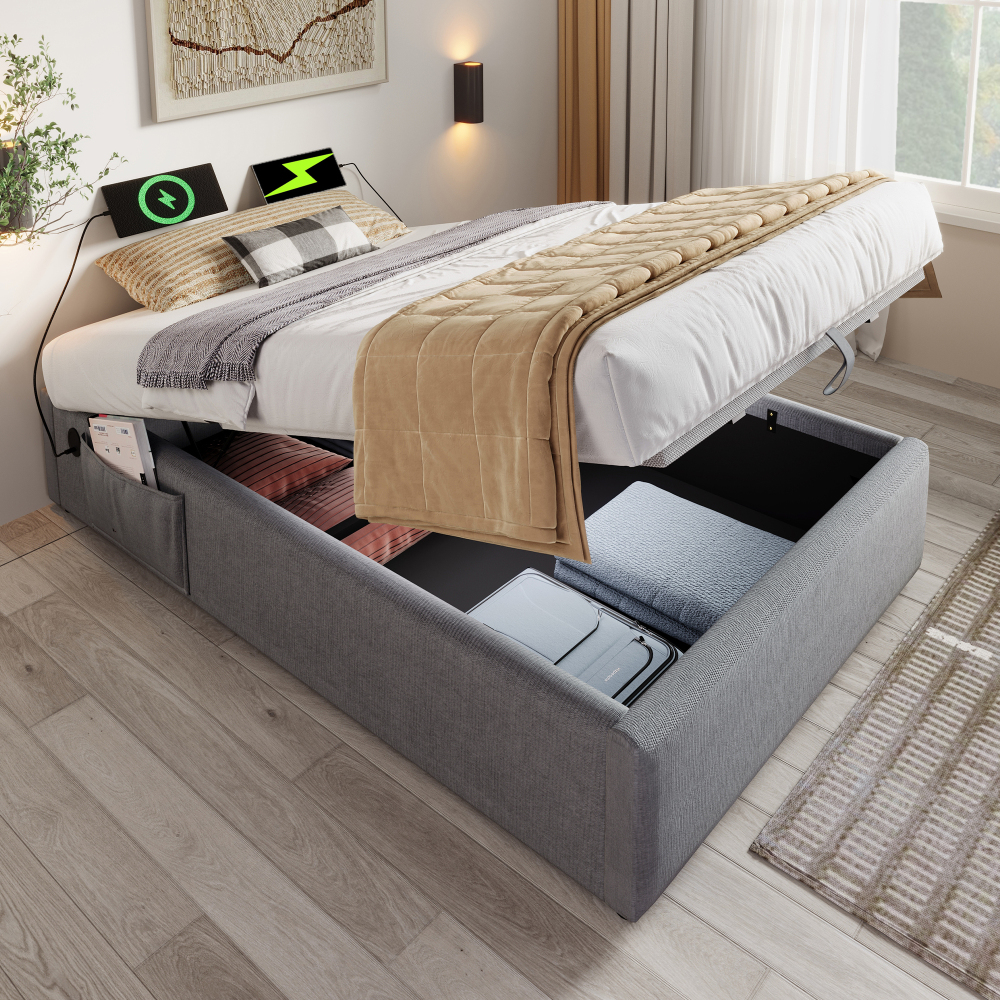 Cama Individual Tapizada 90x190cm con Canapé y USB-C, Algodón y Lino – Gris