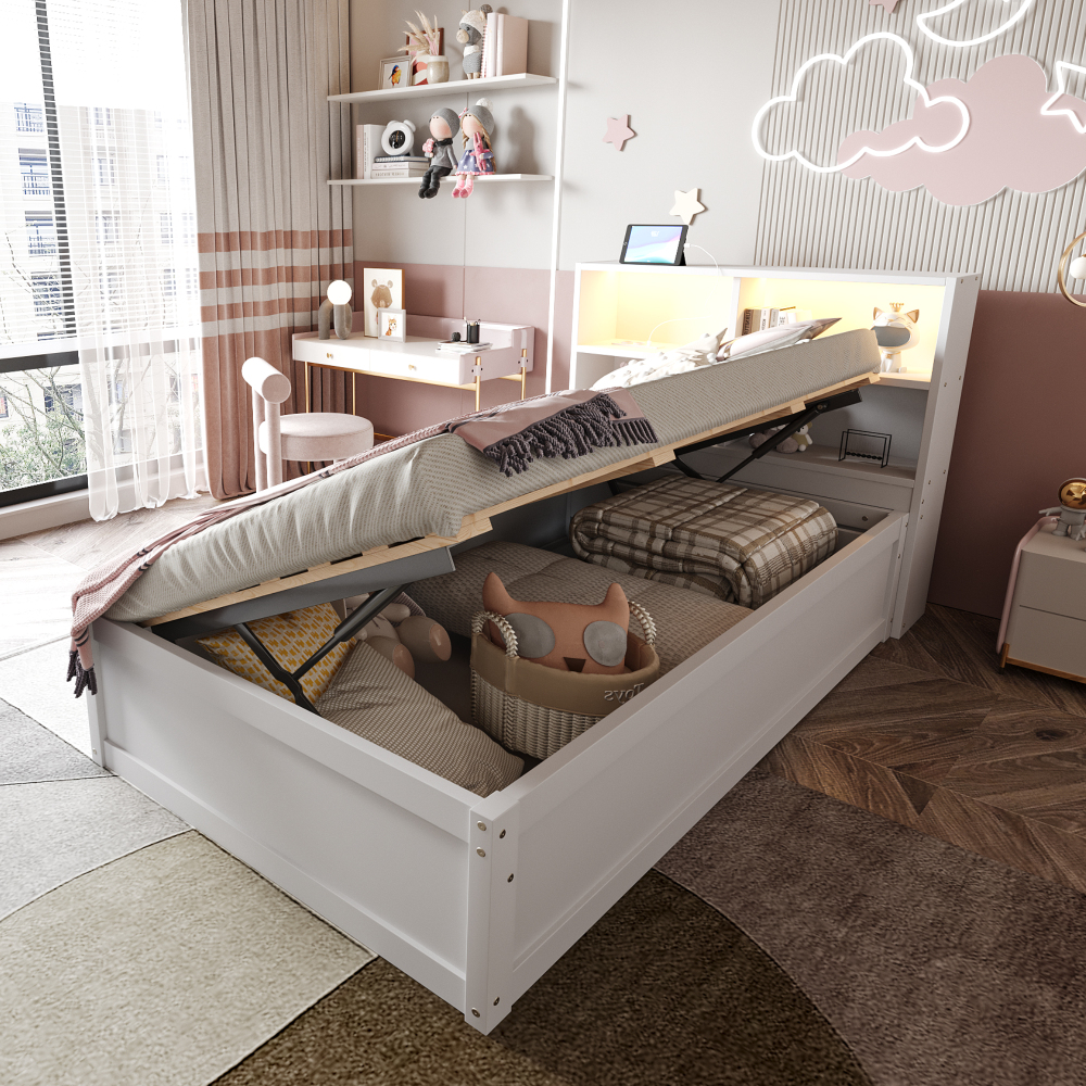 Sofá cama 90x200cm con canapé, LED y enchufe integrado en madera – blanco