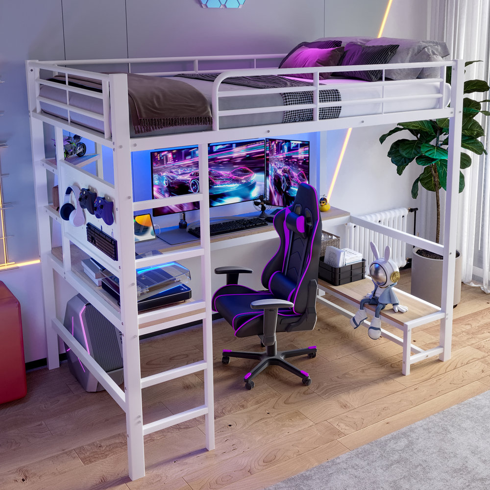Cama alta 90x200cm con escritorio y estantes, LED y usb, metal y mdf blanco