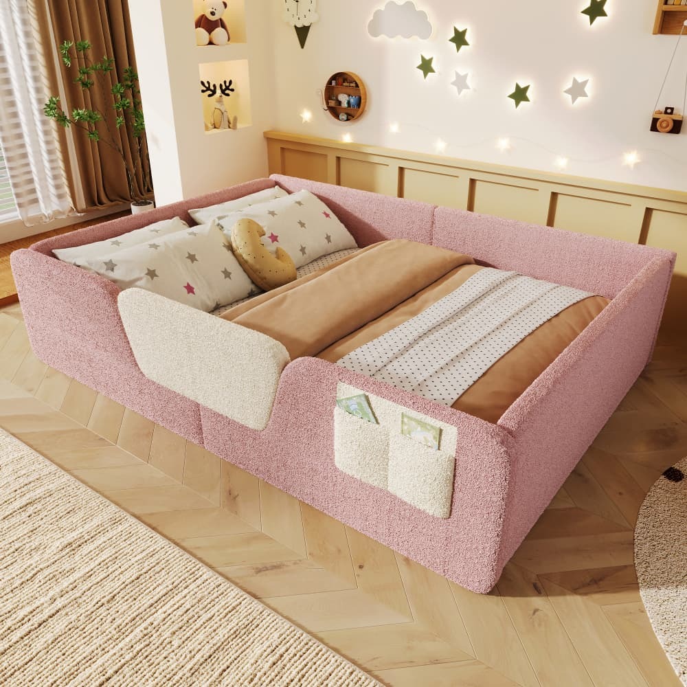 Cama tapizada 140x190cm con barandillas desmontables y bolsillo – rosa