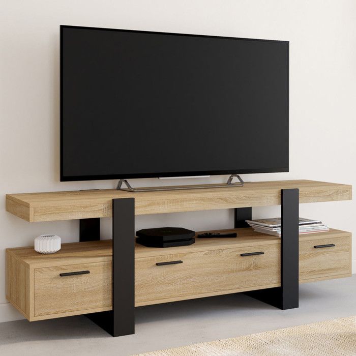 Mueble tv elegante - efecto madera y negro - 3 cajones - 140 cm