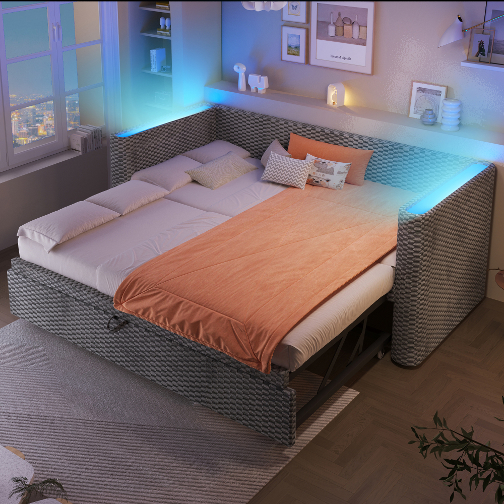Sofá cama 90x200 cm extensible a 180x200 con LED terciopelo – gris