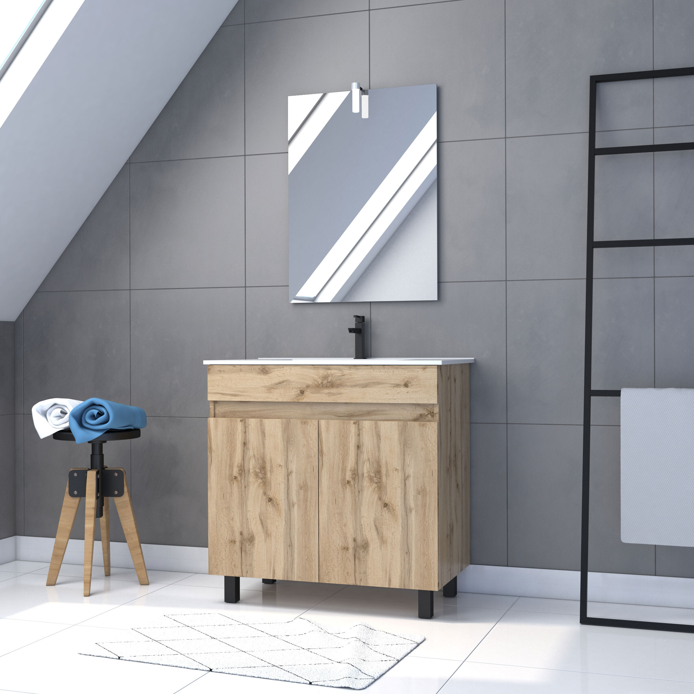 Mueble baño 80 cm roble + lavabo blanco + espejo LED