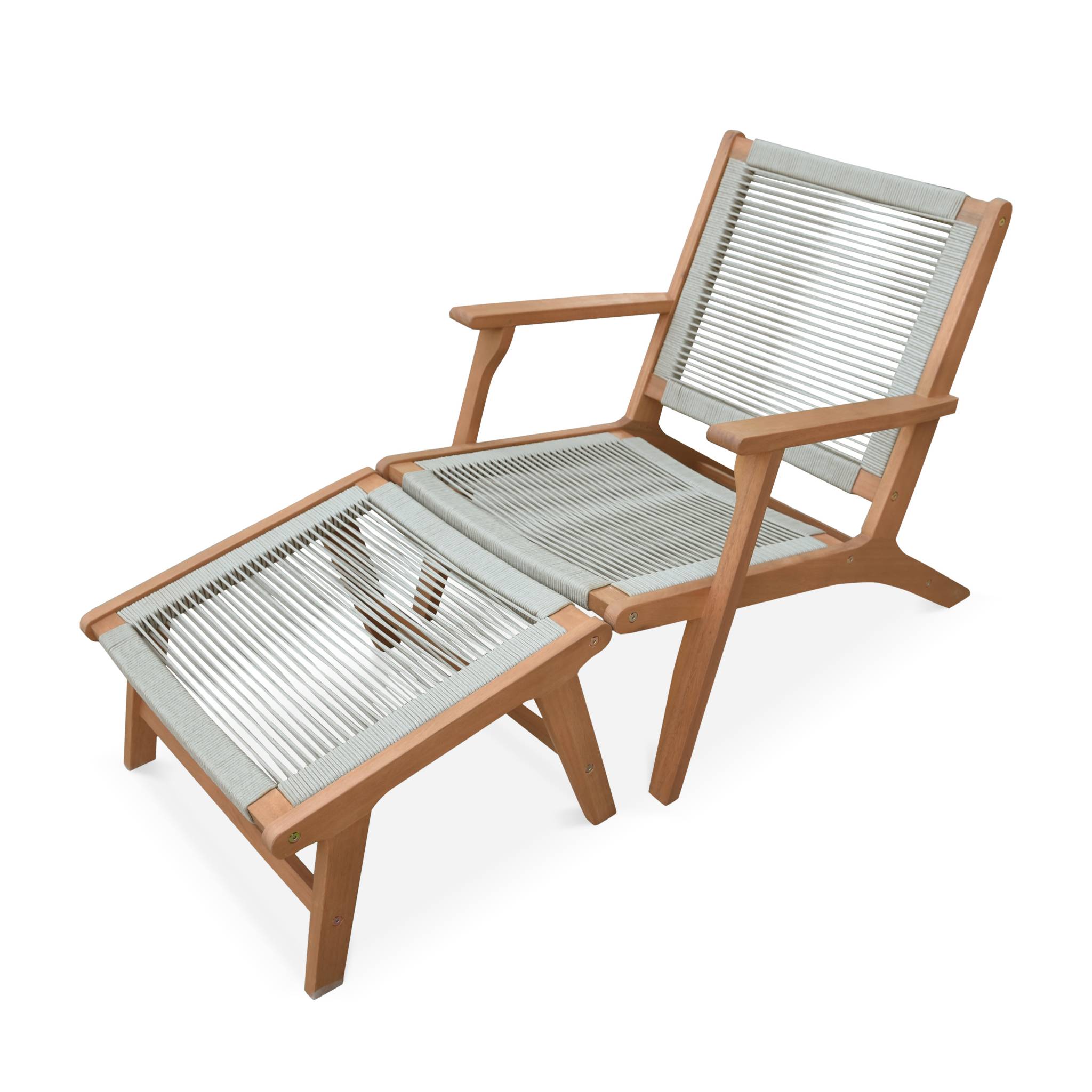Silla de jardín de madera y cuerda con reposapiés pardo 66.5x81x71 cm