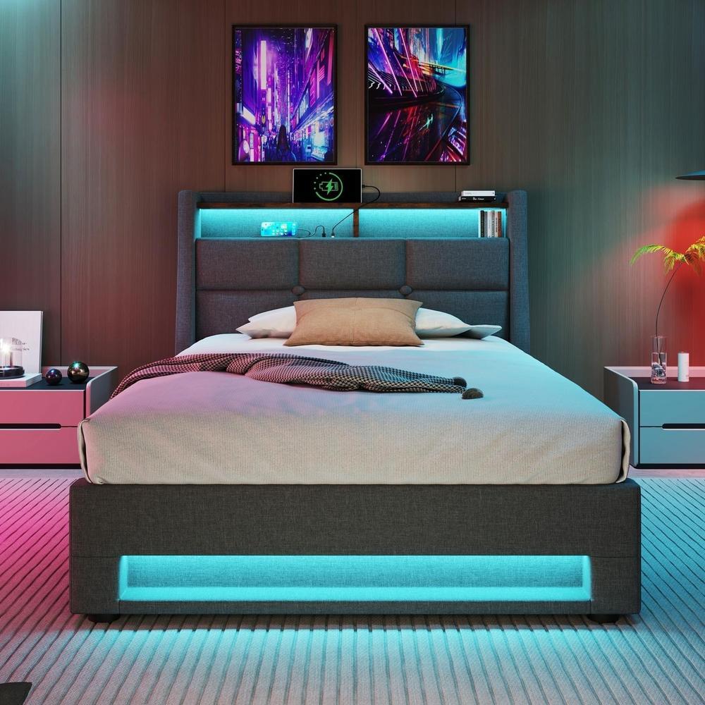 Cama 90x200cm con cabecero usb LED y almacenamiento hidráulico gris