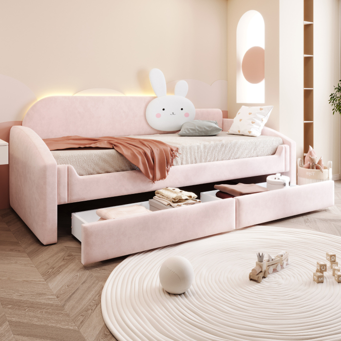 Cama sofá infantil 90x200cm con almacenaje y luz LED terciopelo – rosa