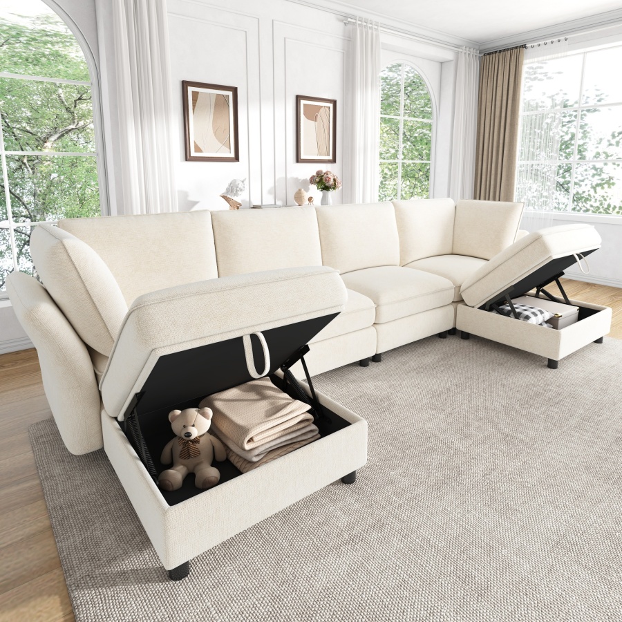 Sofá modular en u o l chenilla beige 6-7 plazas con almacenaje