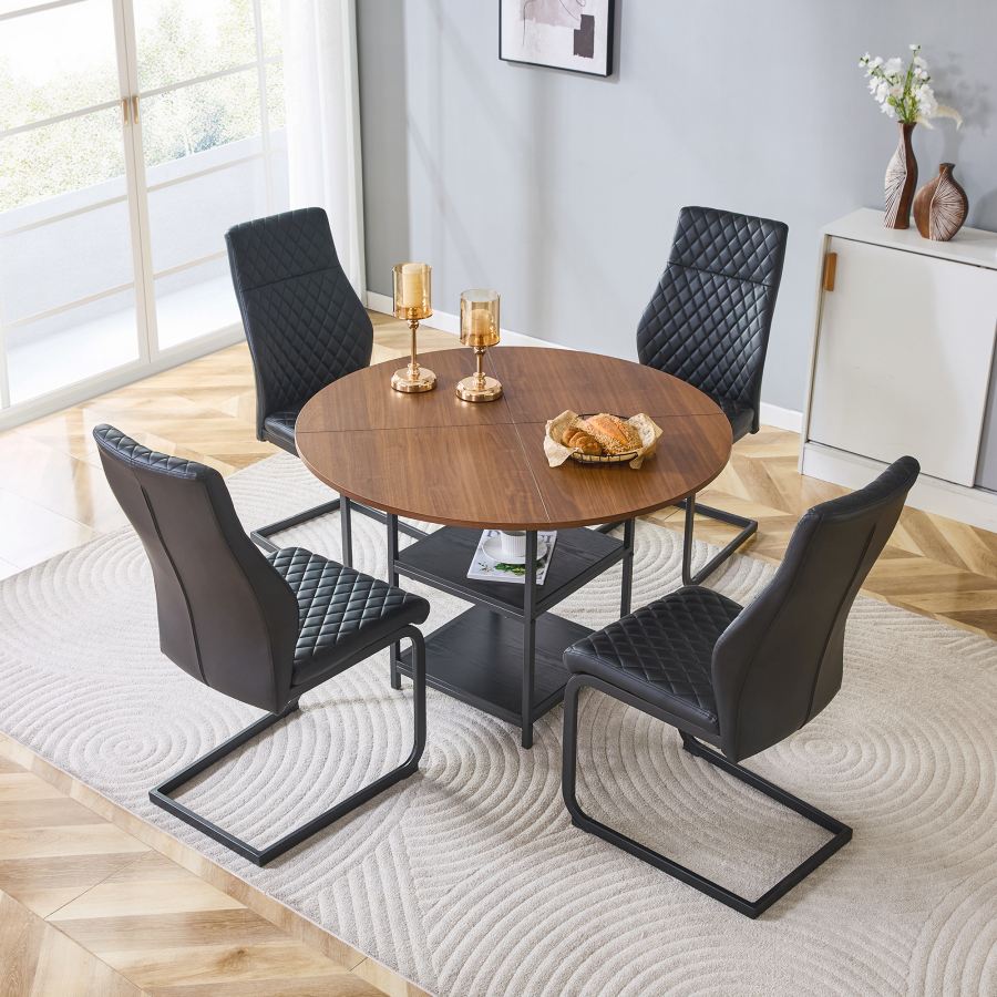 Conjunto de mesa redonda nogal y negro con 4 sillas y almacenaje