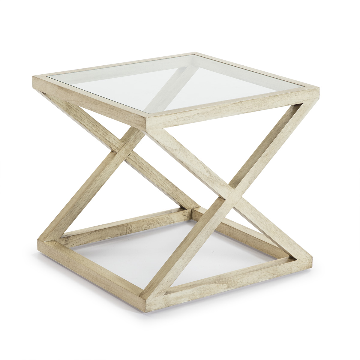 Mesa auxiliar 60x60x55 cristal, madera blanco velado
