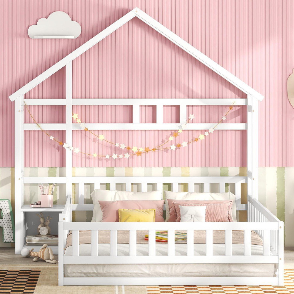 Cama casita infantil 140x200cm con barandilla y mesita, pino – blanco