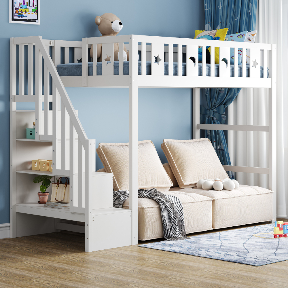 Cama alta 90x200cm escalera de almacenamiento y barandilla madera – blanco